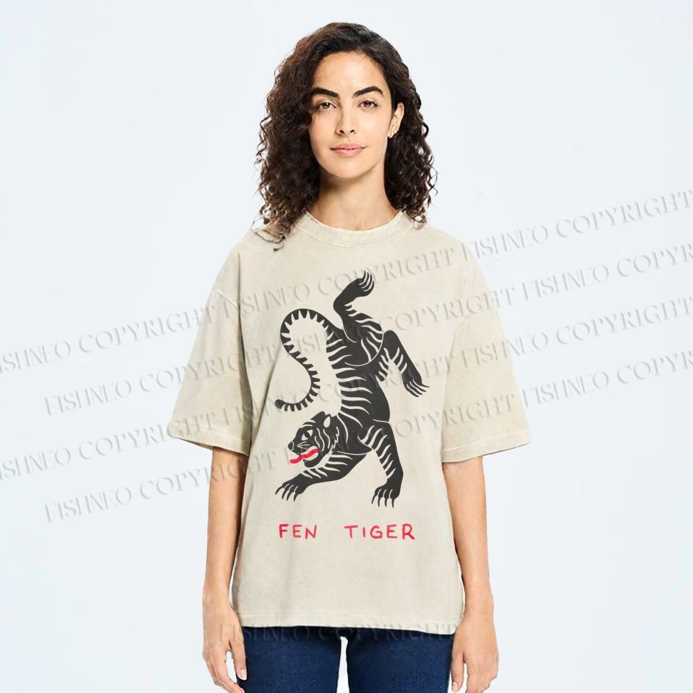 Unisex Fen Tiger Printed Washed Tee