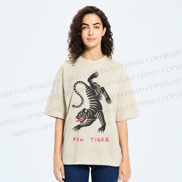 Unisex Fen Tiger Printed Washed Tee