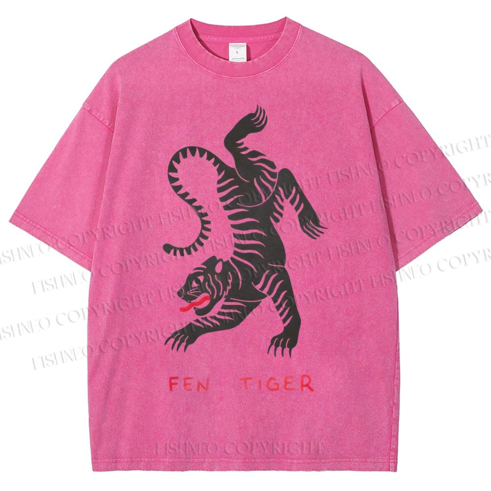 Unisex Fen Tiger Printed Washed Tee