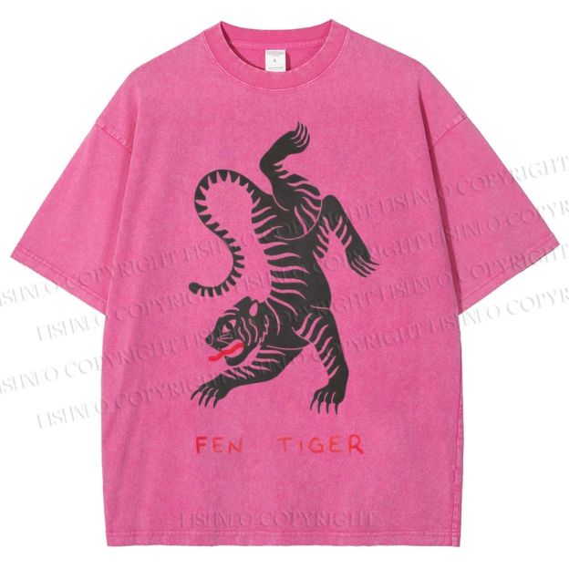 Unisex Fen Tiger Printed Washed Tee