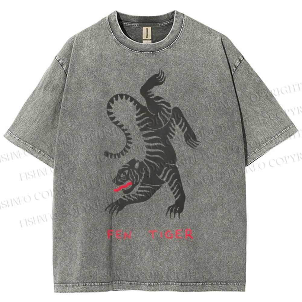 Unisex Fen Tiger Printed Washed Tee