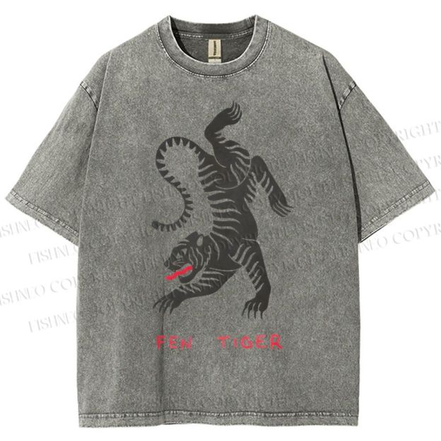 Unisex Fen Tiger Printed Washed Tee