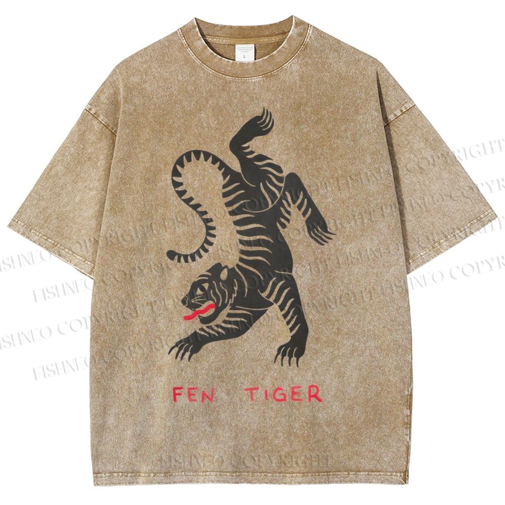 Unisex Fen Tiger Printed Washed Tee