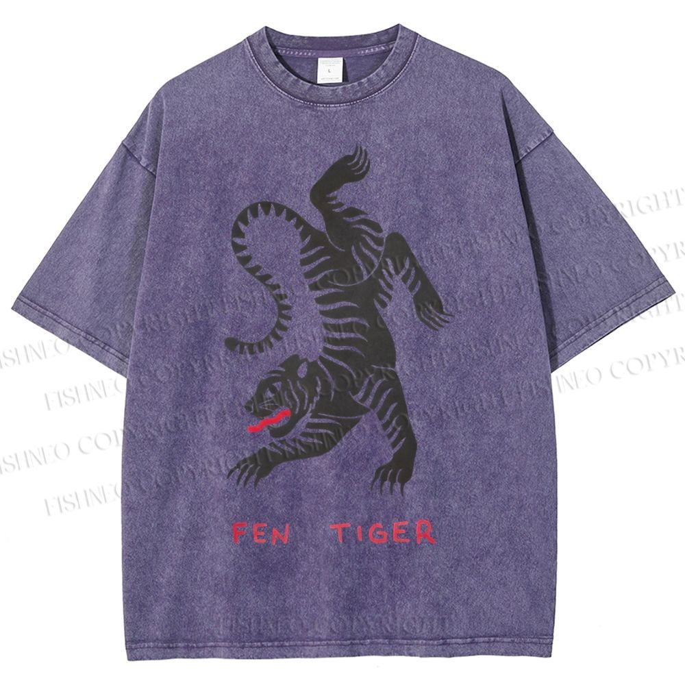 Unisex Fen Tiger Printed Washed Tee