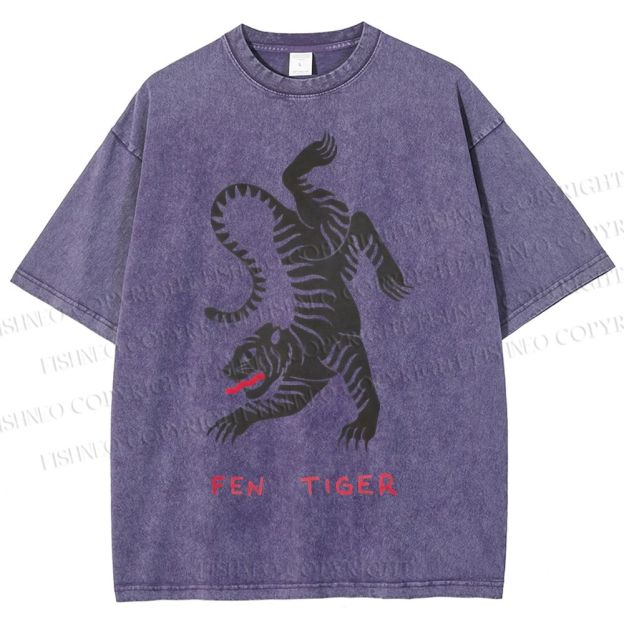Unisex Fen Tiger Printed Washed Tee