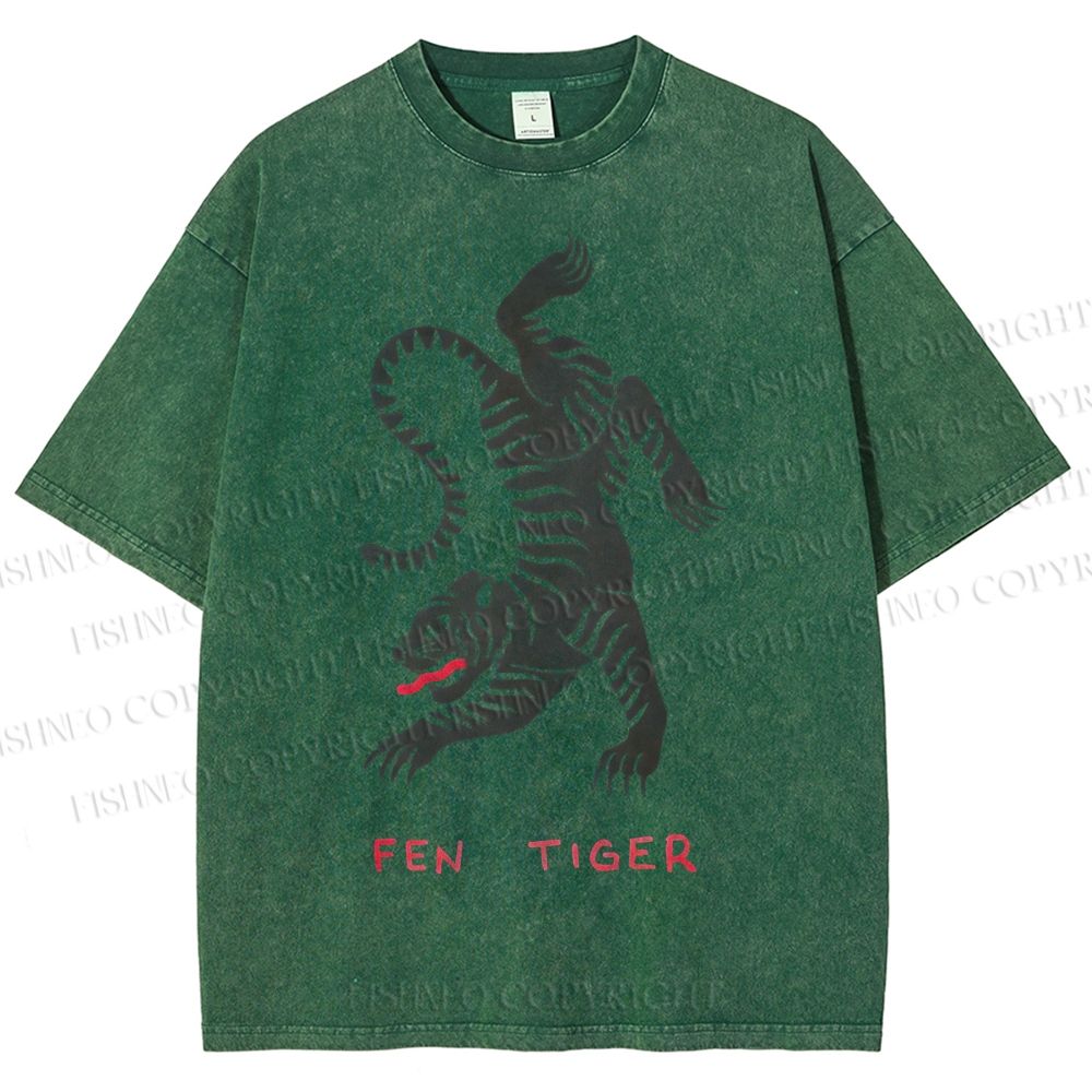 Unisex Fen Tiger Printed Washed Tee