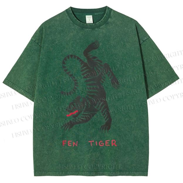 Unisex Fen Tiger Printed Washed Tee