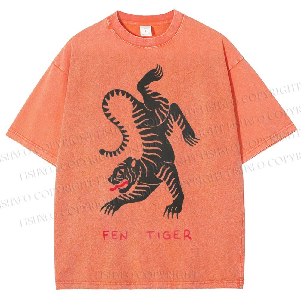 Unisex Fen Tiger Printed Washed Tee