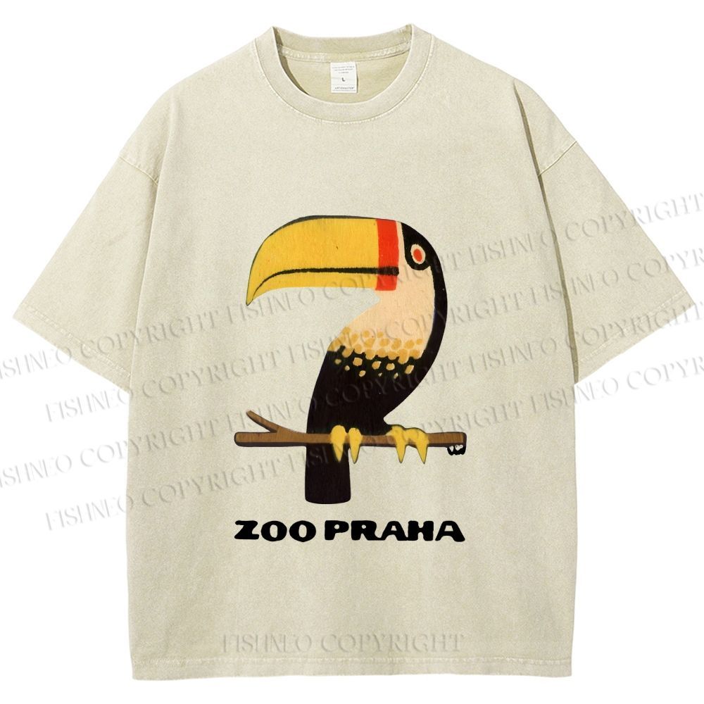 Unisex Zoo Praha Big Mouth Bird Vintage Printed Washed Tee