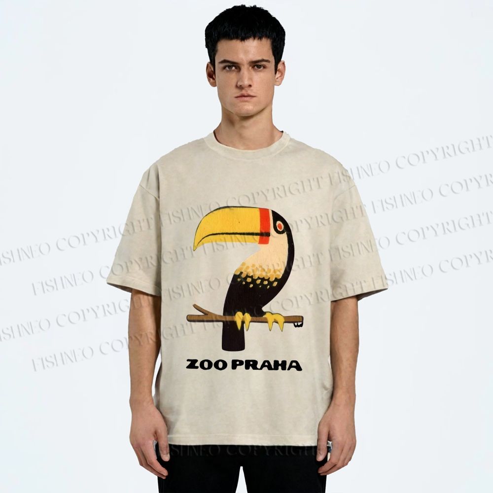 Unisex Zoo Praha Big Mouth Bird Vintage Printed Washed Tee