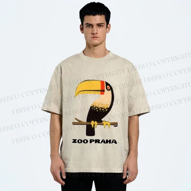 Unisex Zoo Praha Big Mouth Bird Vintage Printed Washed Tee