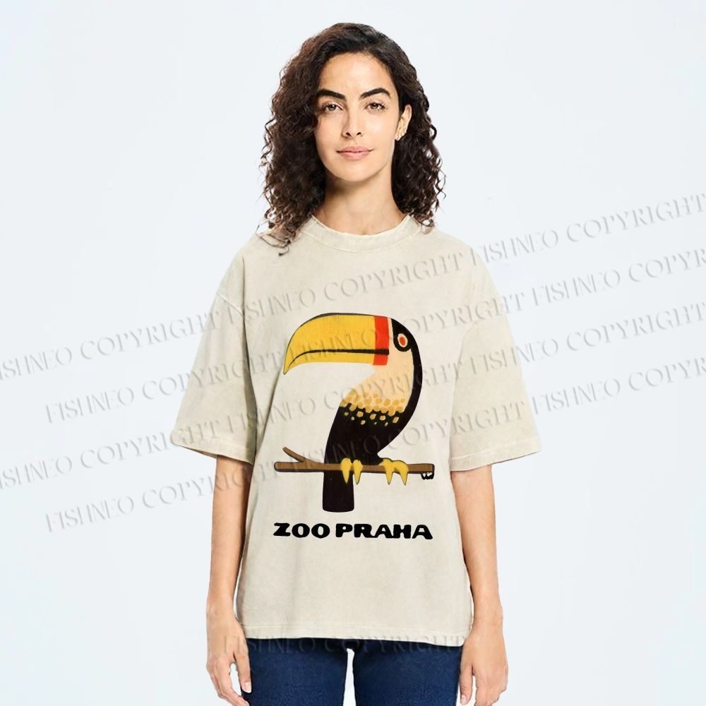 Unisex Zoo Praha Big Mouth Bird Vintage Printed Washed Tee