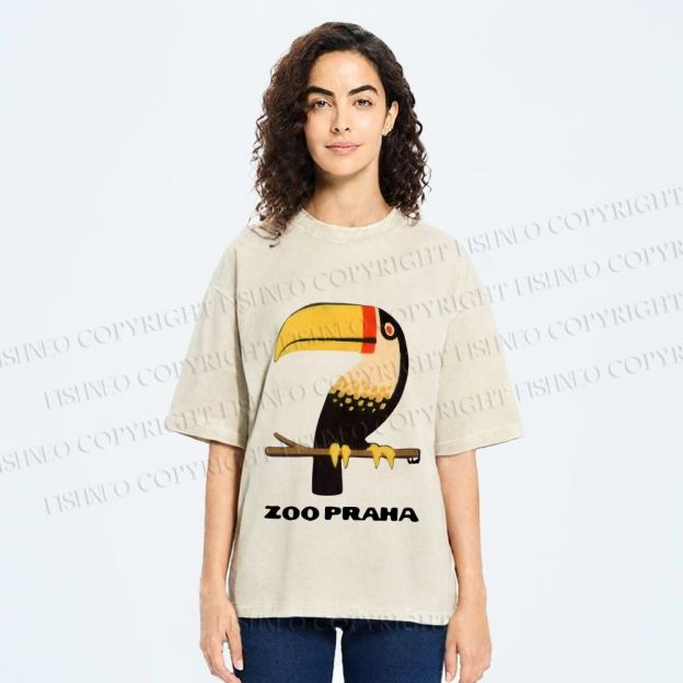Unisex Zoo Praha Big Mouth Bird Vintage Printed Washed Tee