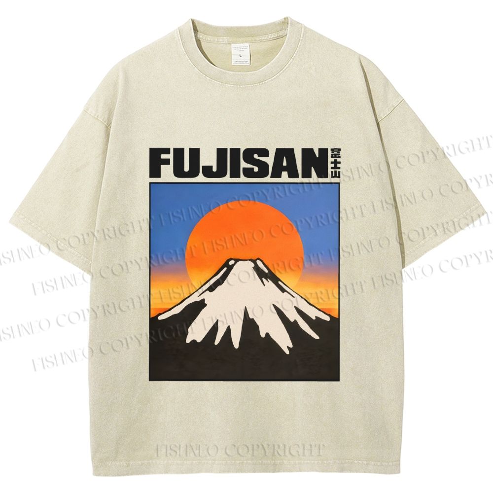 Unisex Japanese Mount Fuji Printed Washed Tee