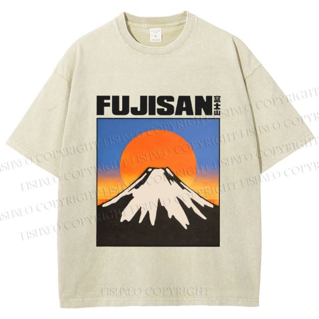 Unisex Japanese Mount Fuji Printed Washed Tee