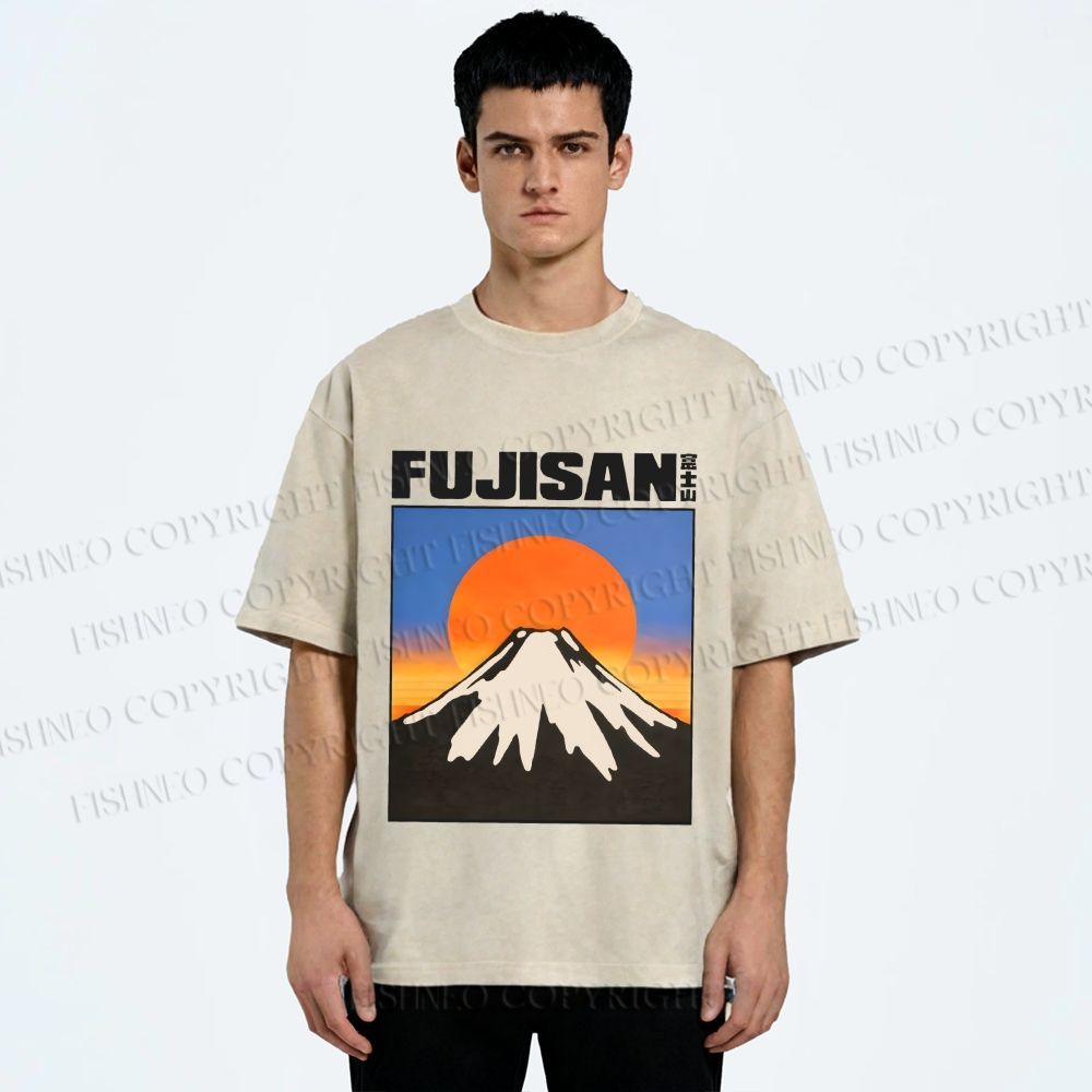 Unisex Japanese Mount Fuji Printed Washed Tee