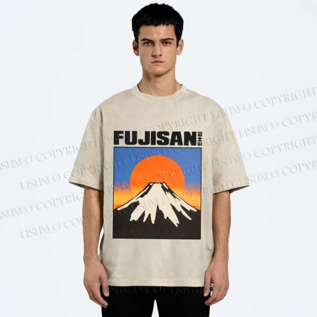 Unisex Japanese Mount Fuji Printed Washed Tee