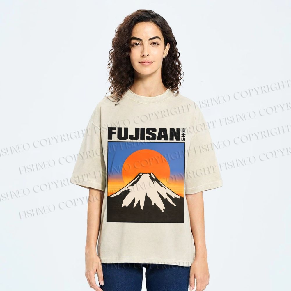Unisex Japanese Mount Fuji Printed Washed Tee