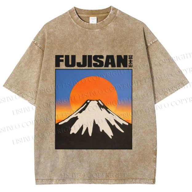 Unisex Japanese Mount Fuji Printed Washed Tee