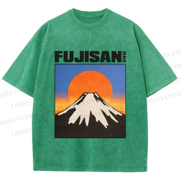 Unisex Japanese Mount Fuji Printed Washed Tee