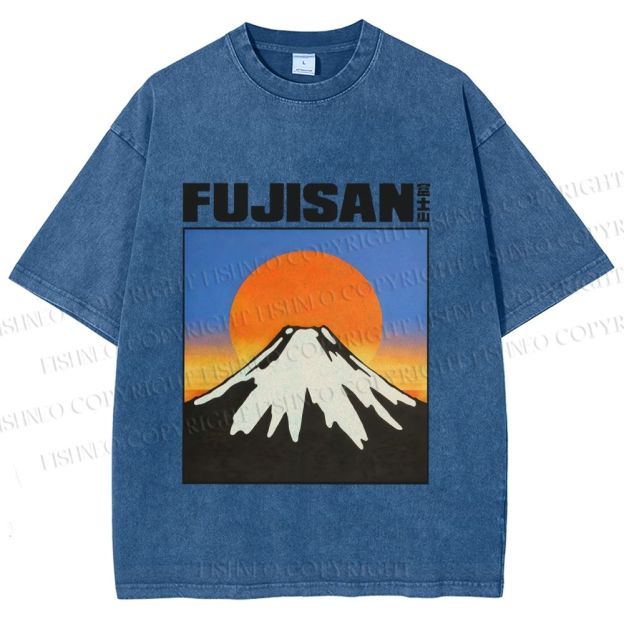 Unisex Japanese Mount Fuji Printed Washed Tee