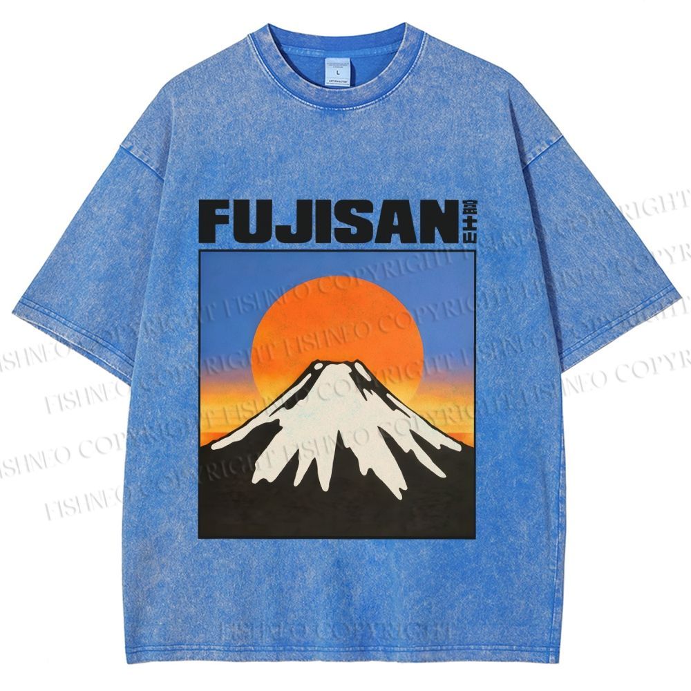 Unisex Japanese Mount Fuji Printed Washed Tee