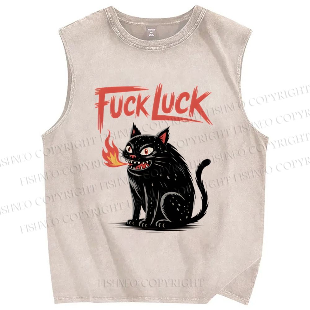 Unisex Fuck Luck Cat Printed Washed Tank Top