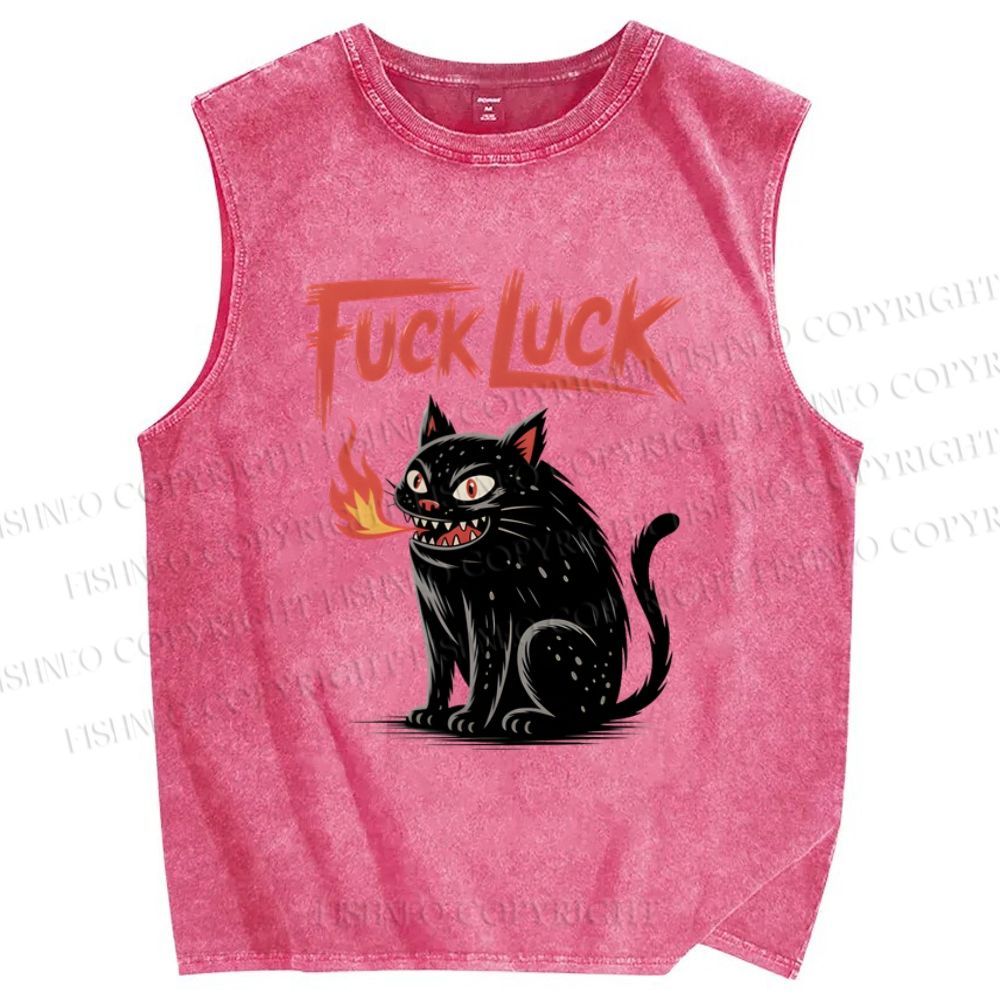 Unisex Fuck Luck Cat Printed Washed Tank Top