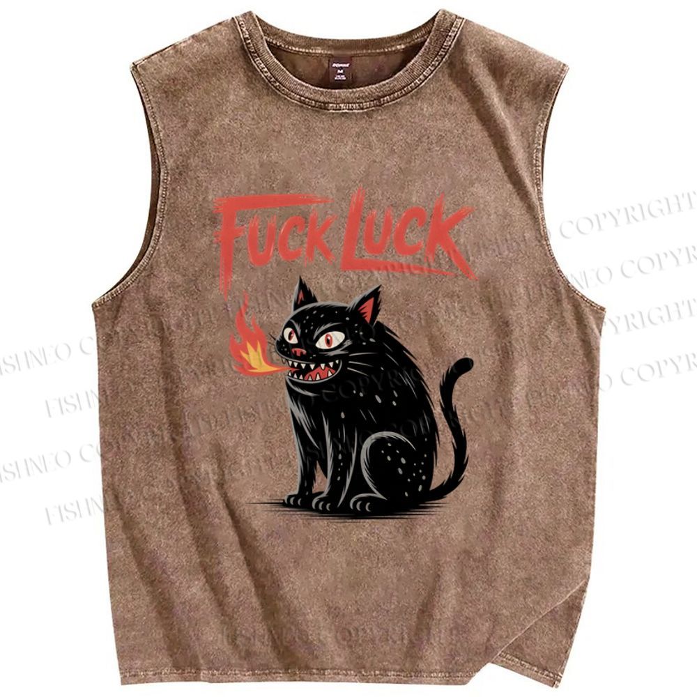 Unisex Fuck Luck Cat Printed Washed Tank Top