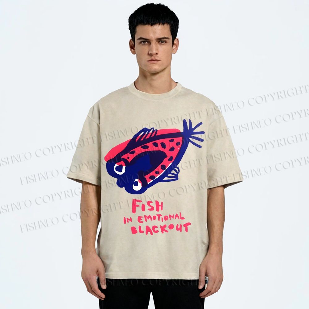 Unisex Fish In Emotional Blackout Printed Washed Tee