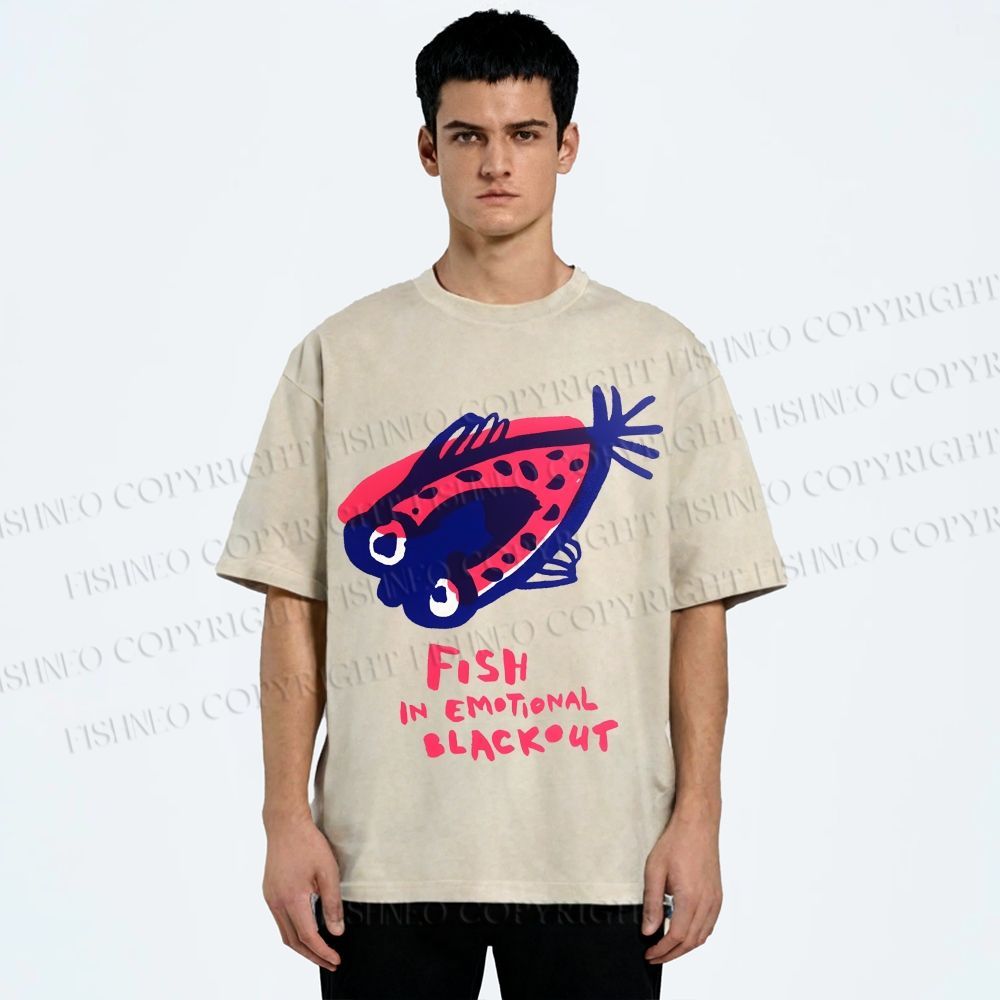 Unisex Fish In Emotional Blackout Printed Washed Tee
