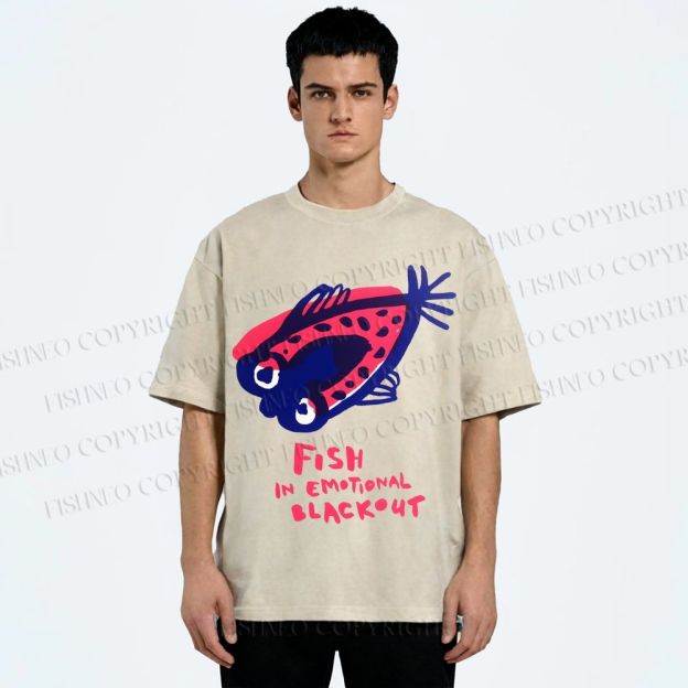 Unisex Fish In Emotional Blackout Printed Washed Tee