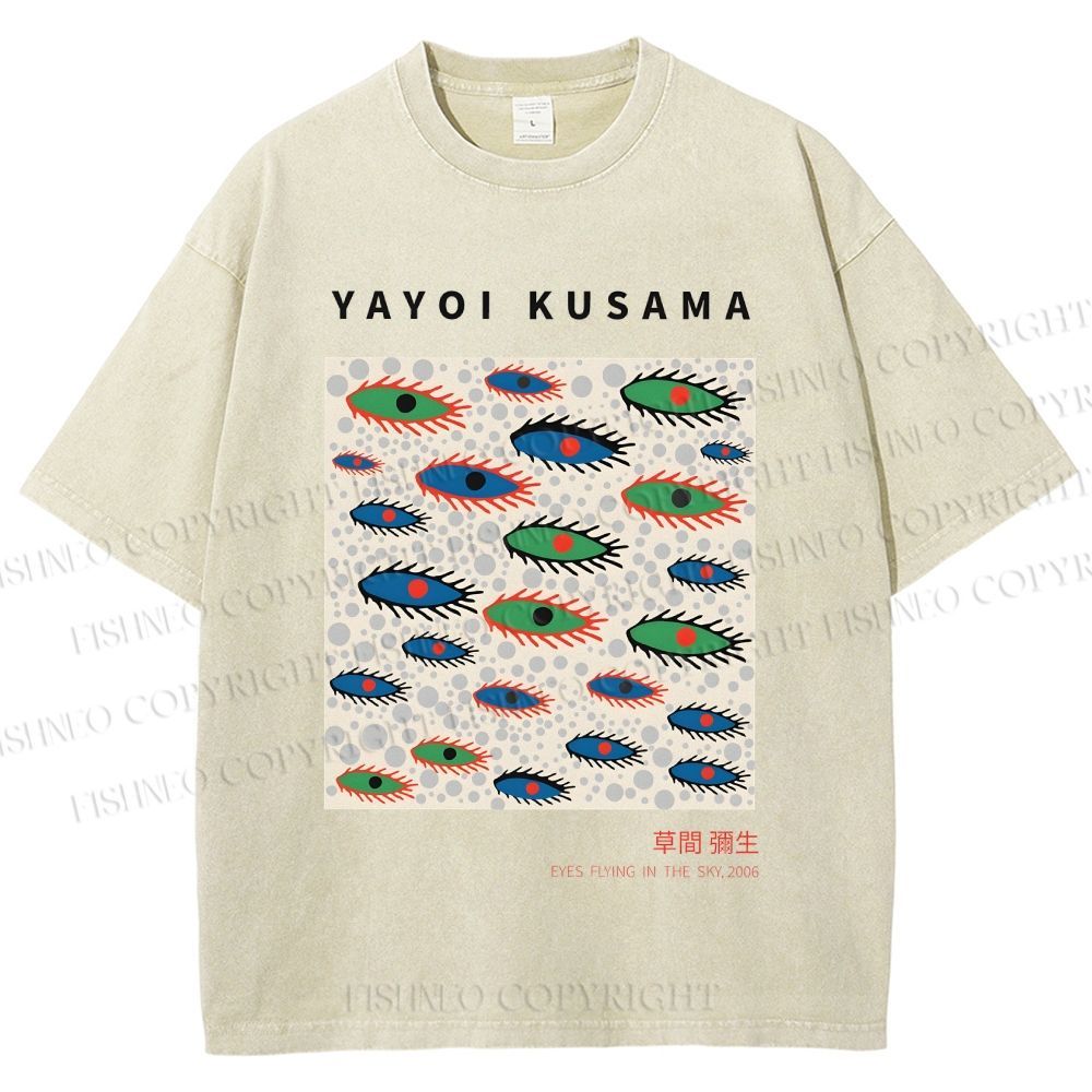 Unisex Yayoi Kusama Artistic Polka Dot Eyes Printed Washed Tee