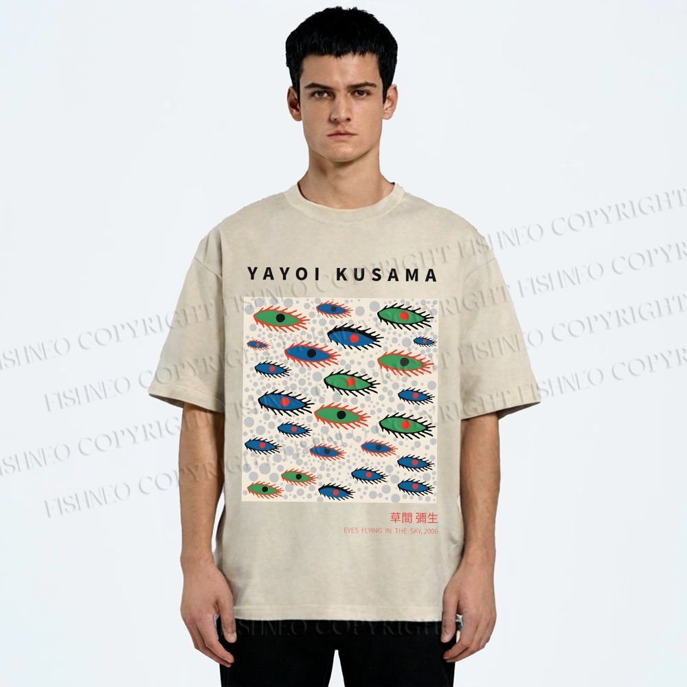 Unisex Yayoi Kusama Artistic Polka Dot Eyes Printed Washed Tee