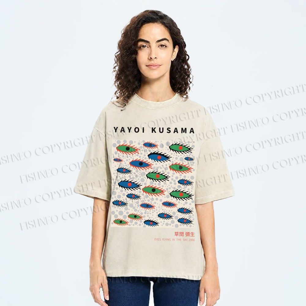 Unisex Yayoi Kusama Artistic Polka Dot Eyes Printed Washed Tee