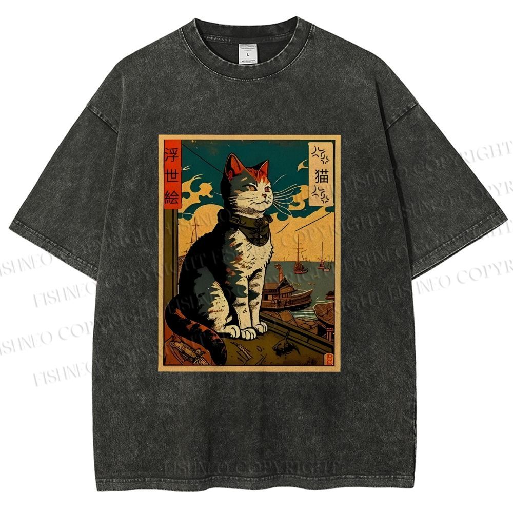 Unisex Ukiyo-e - Cat Printed Washed Tee