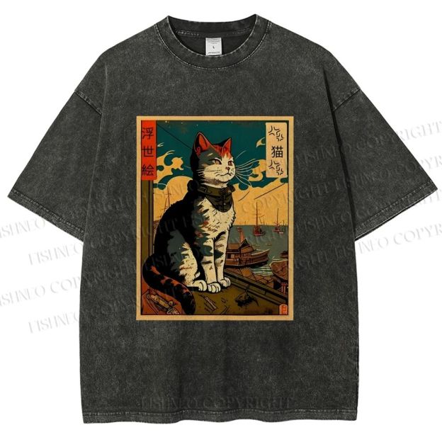 Unisex Ukiyo-e - Cat Printed Washed Tee