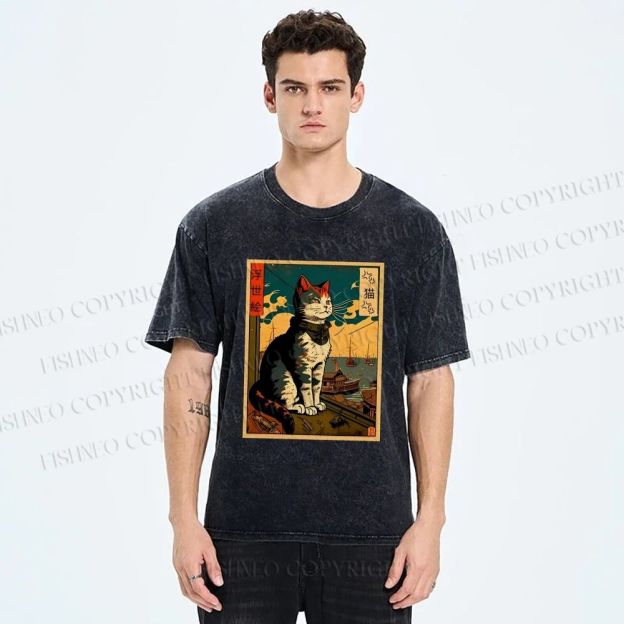 Unisex Ukiyo-e - Cat Printed Washed Tee