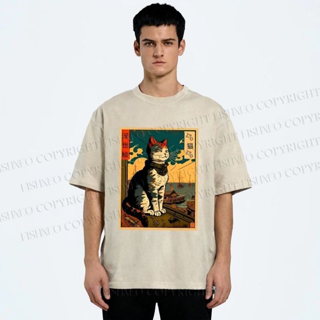 Unisex Ukiyo-e - Cat Printed Washed Tee