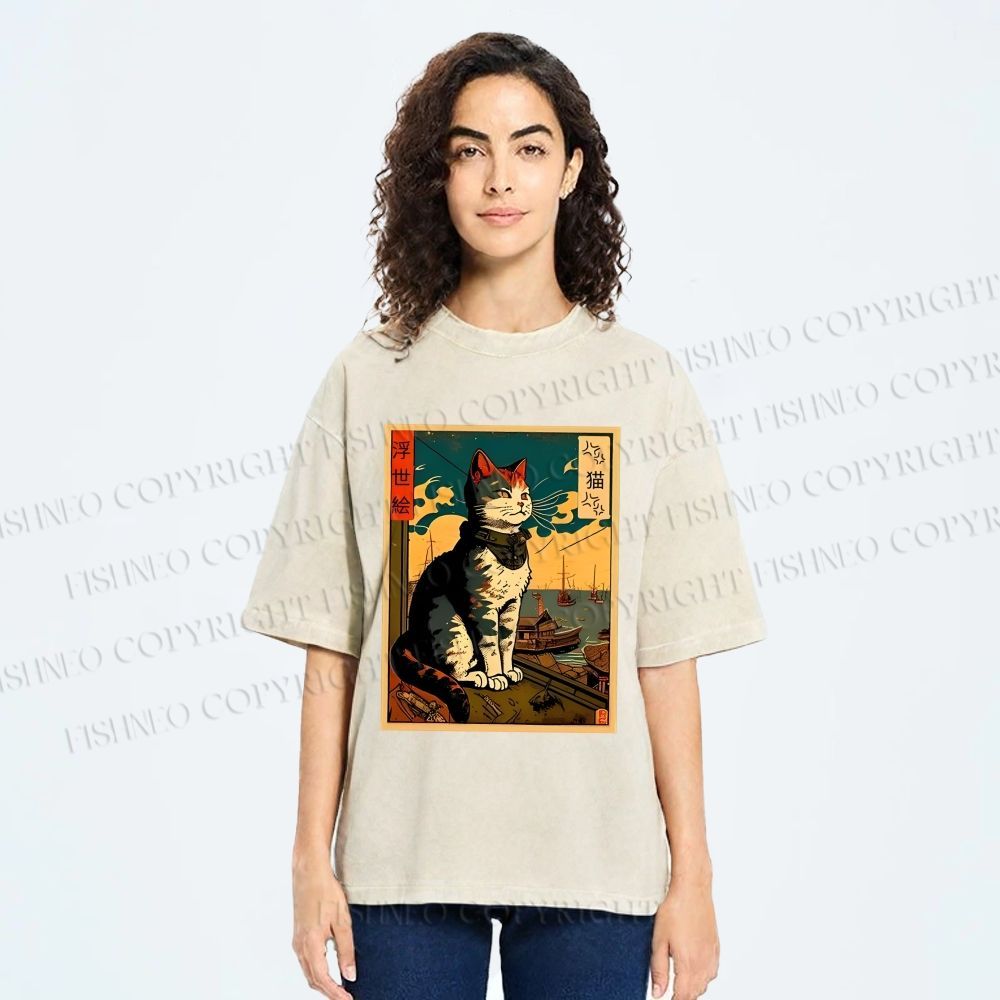 Unisex Ukiyo-e - Cat Printed Washed Tee