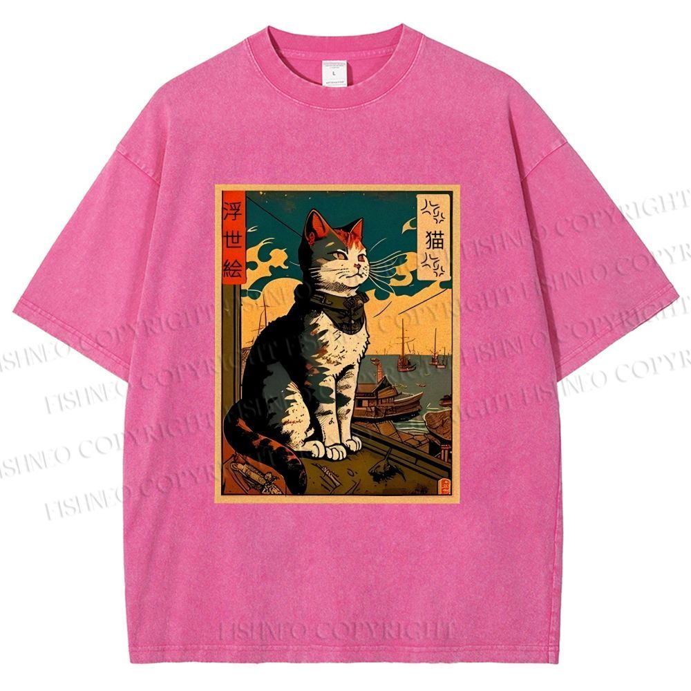 Unisex Ukiyo-e - Cat Printed Washed Tee