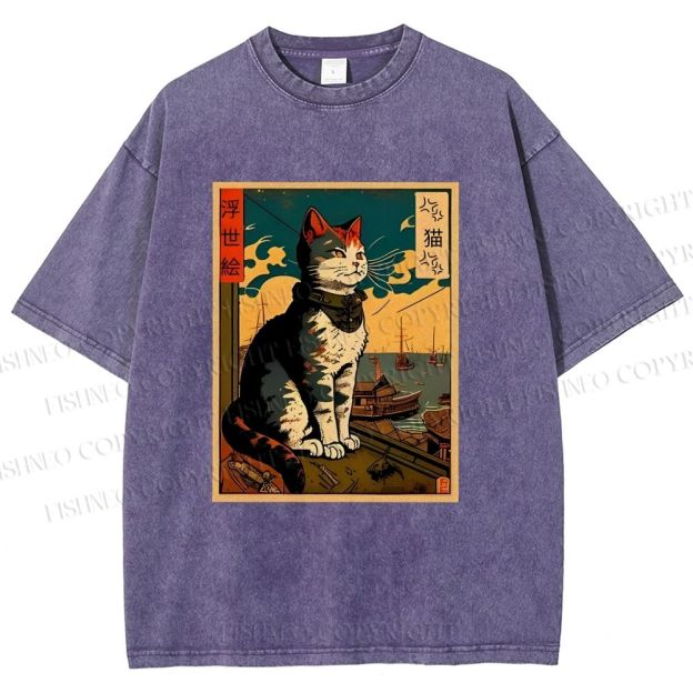 Unisex Ukiyo-e - Cat Printed Washed Tee