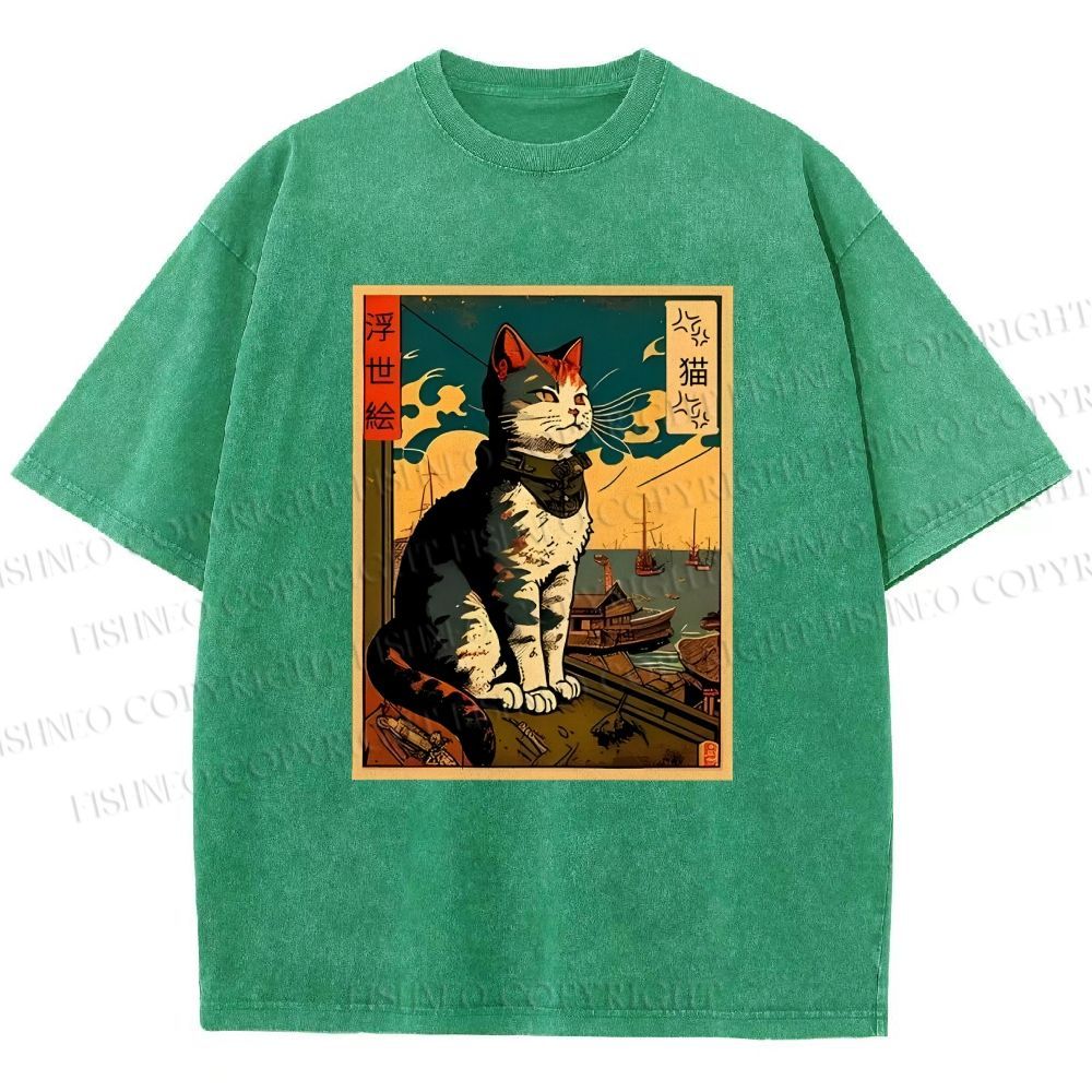 Unisex Ukiyo-e - Cat Printed Washed Tee
