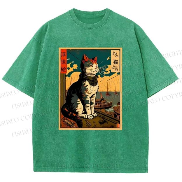 Unisex Ukiyo-e - Cat Printed Washed Tee