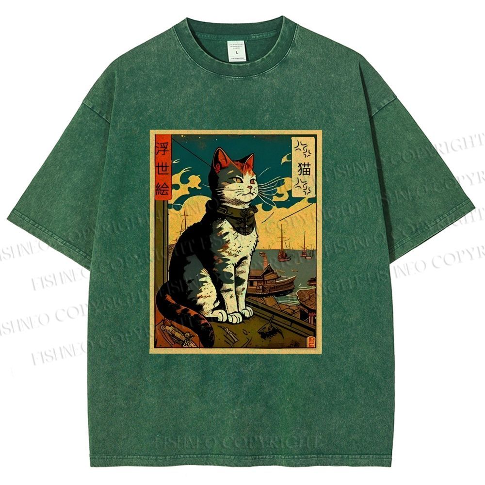 Unisex Ukiyo-e - Cat Printed Washed Tee
