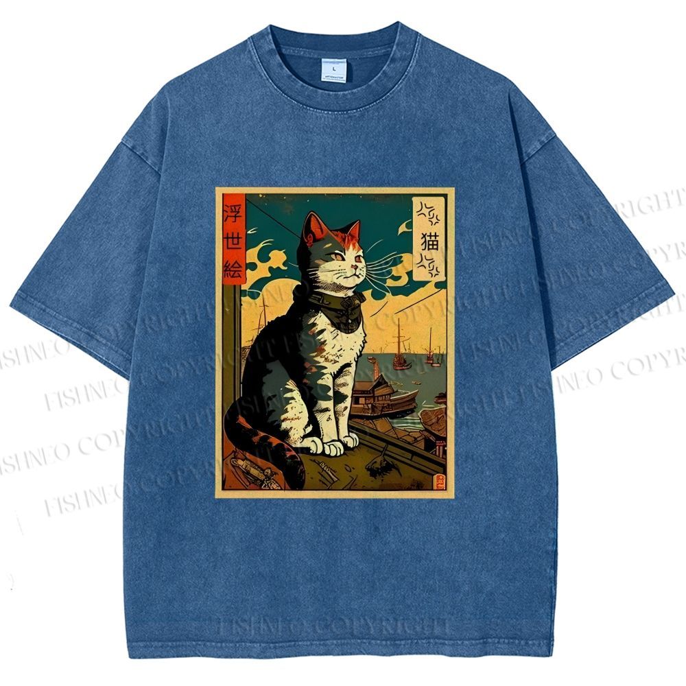 Unisex Ukiyo-e - Cat Printed Washed Tee