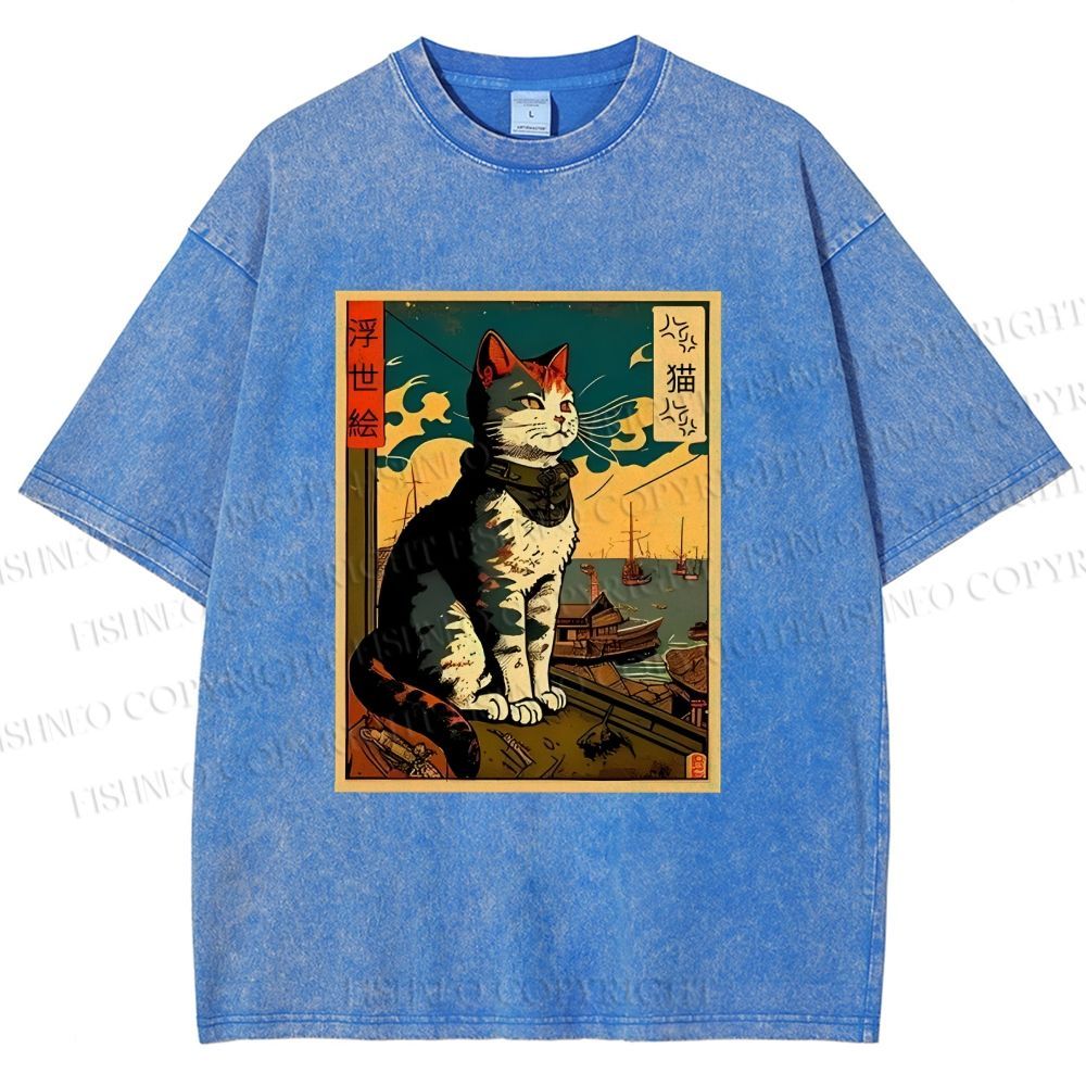 Unisex Ukiyo-e - Cat Printed Washed Tee