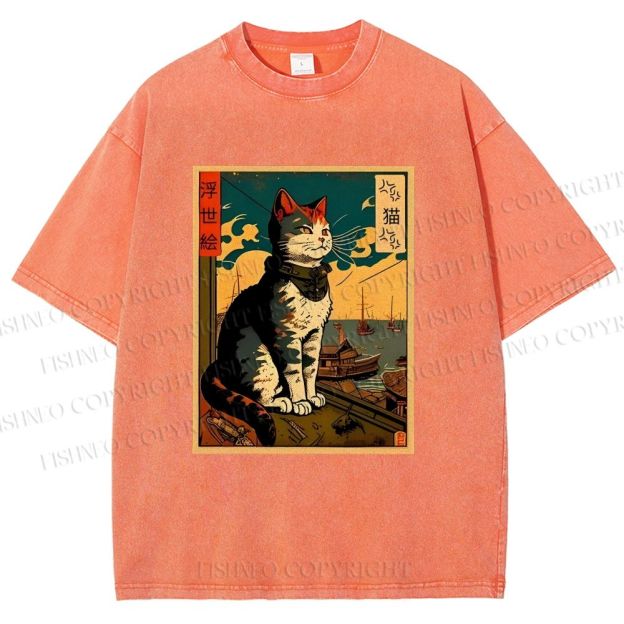 Unisex Ukiyo-e - Cat Printed Washed Tee