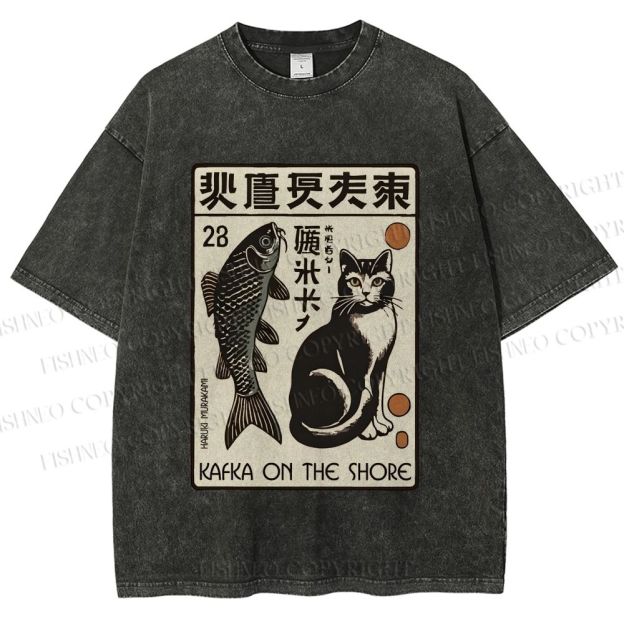Unisex Vintage Cat With Fish Printed Washed Tee