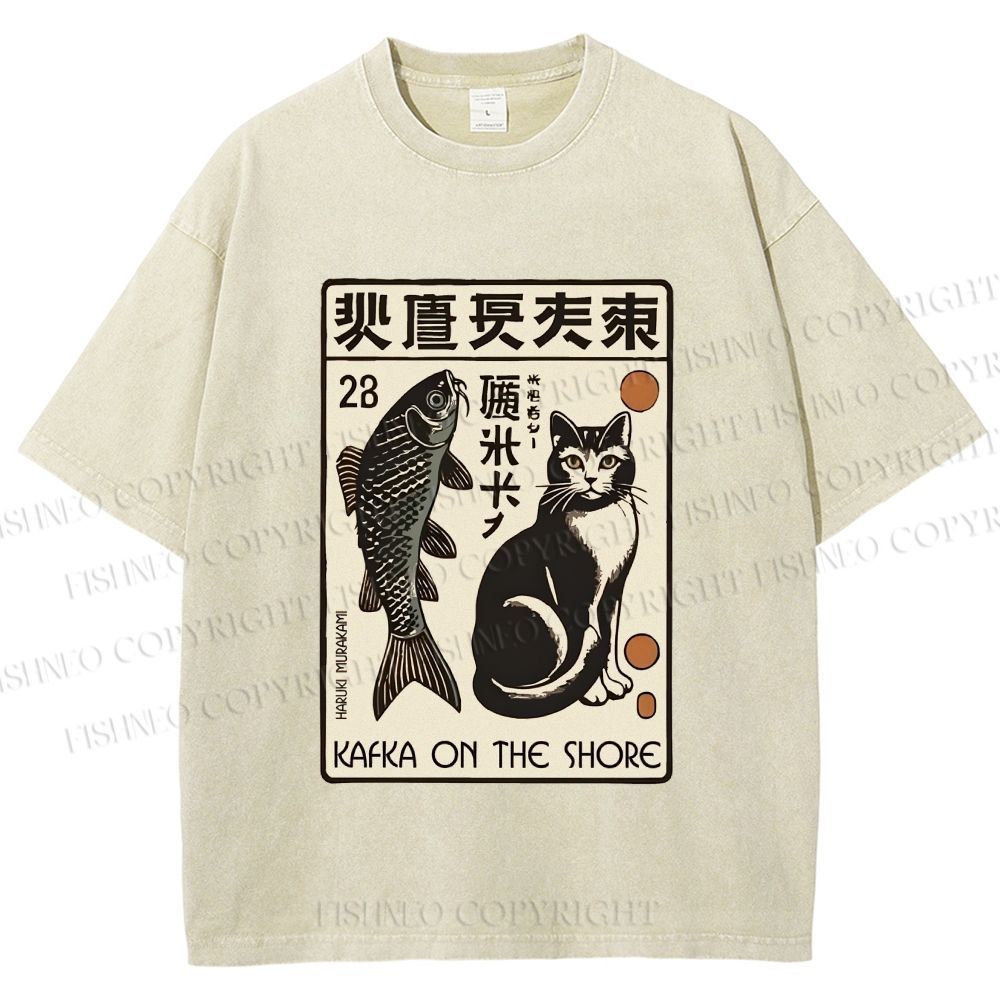Unisex Vintage Cat With Fish Printed Washed Tee
